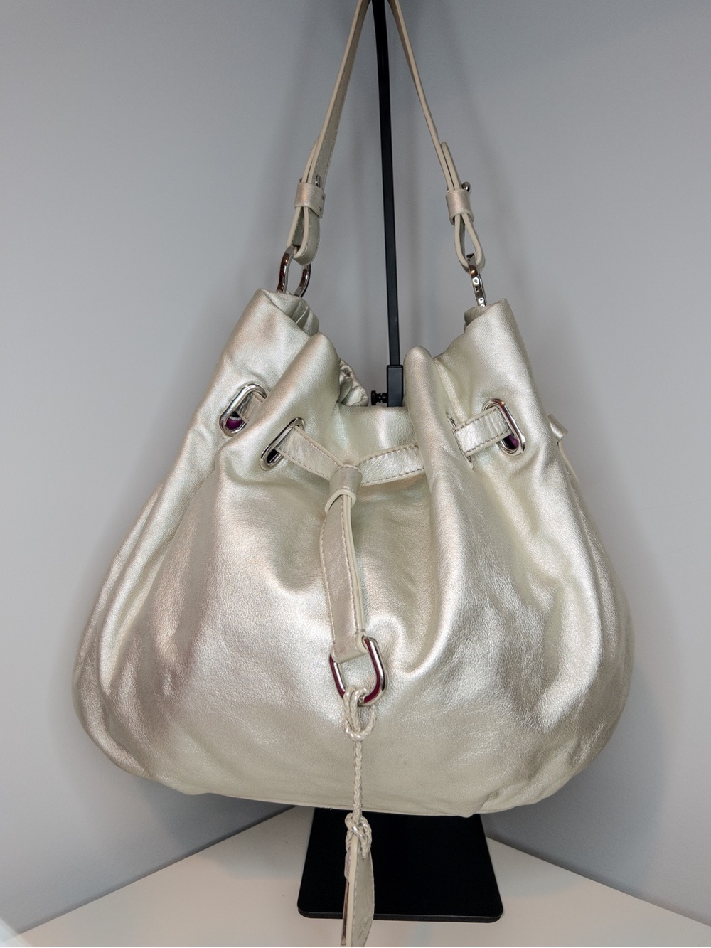 Cole Haan Silver Metallic Leather Drawstring Bucket Bag Hobo Shoulder Bag